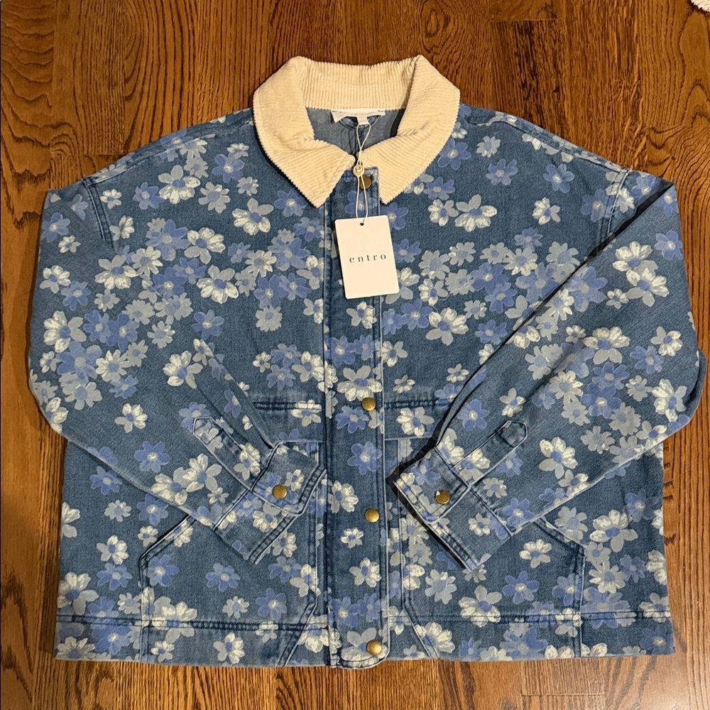 Entro Blue Floral Jean Jacket with Cream Collar medium - Picture 9 of 13